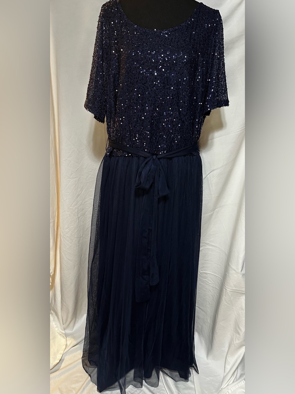 Navy Sequin Bodice Tulle Wedding Dress with Self-Tie Waist